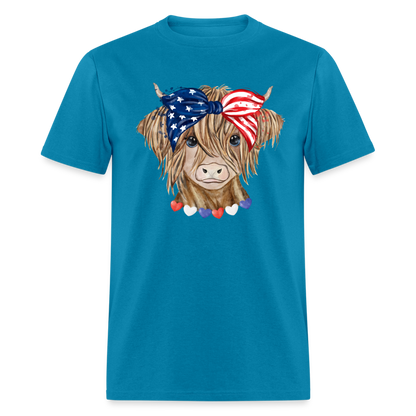 Patriotic Highland Cow T-Shirt Color: turquoise