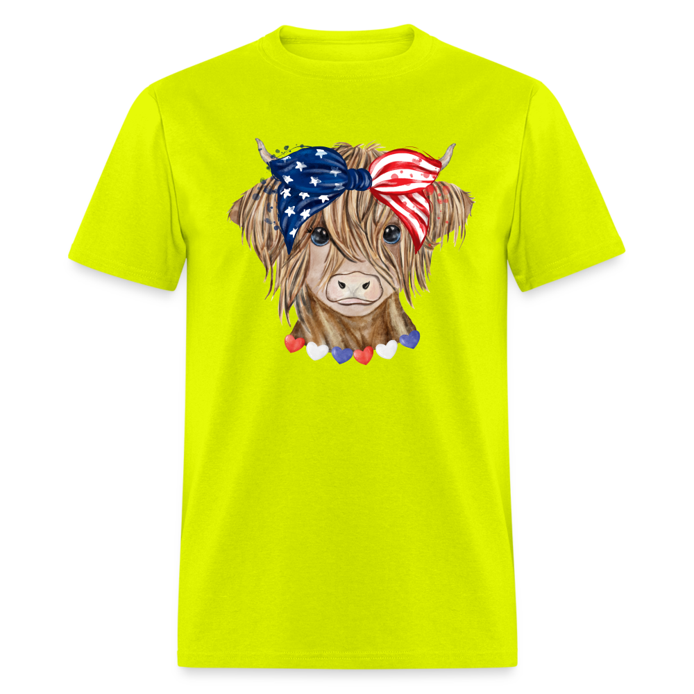 Patriotic Highland Cow T-Shirt Color: safety green