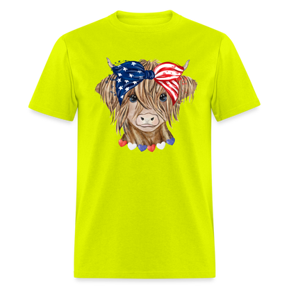 Patriotic Highland Cow T-Shirt Color: safety green