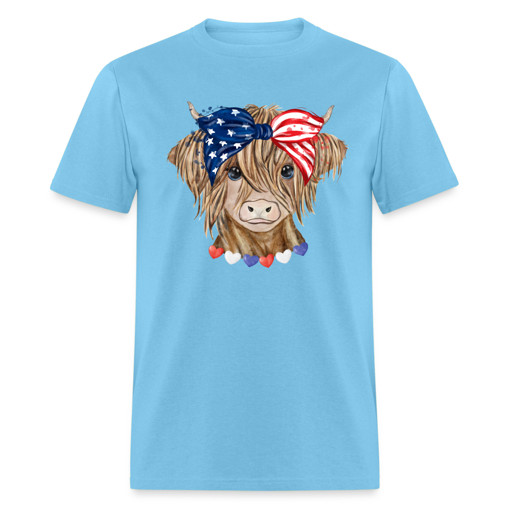 Patriotic Highland Cow T-Shirt Color: aquatic blue