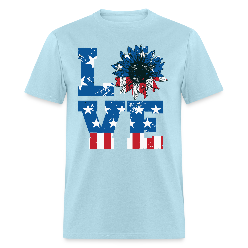 Love Sunflower American Flag T-Shirt Color: powder blue
