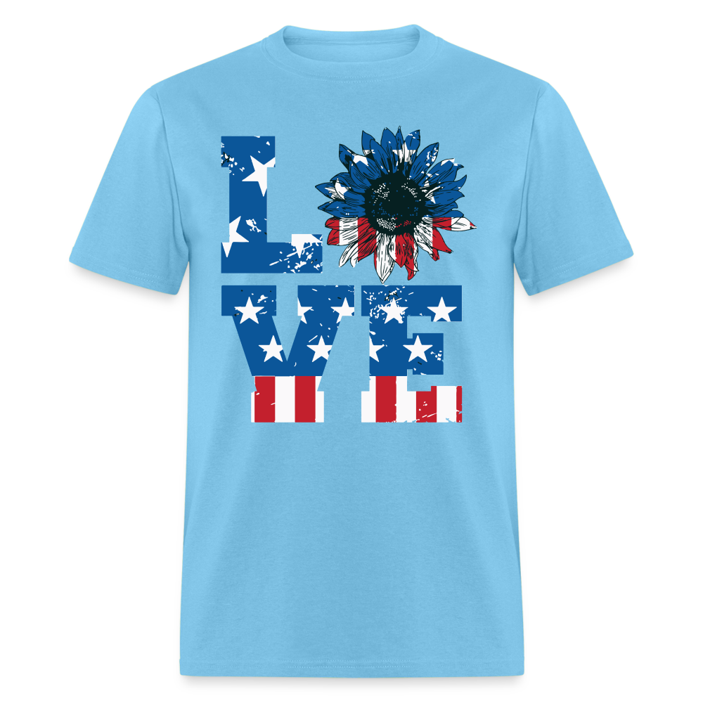 Love Sunflower American Flag T-Shirt Color: aquatic blue