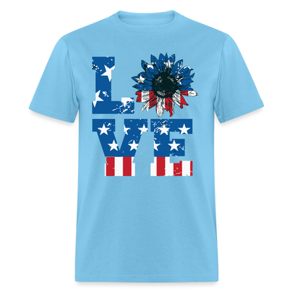 Love Sunflower American Flag T-Shirt Color: aquatic blue
