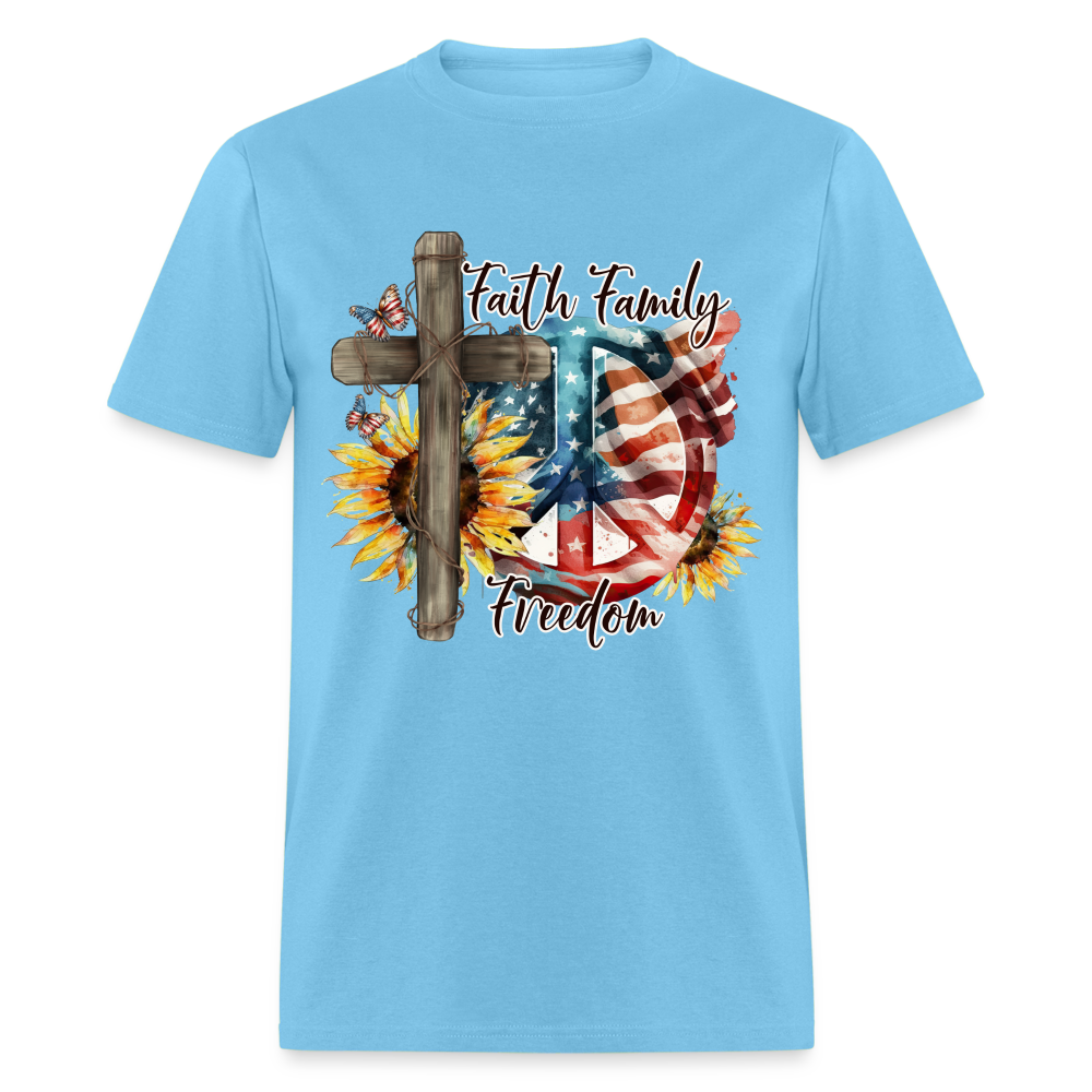 Faith Family Freedom T-Shirt Color: aquatic blue