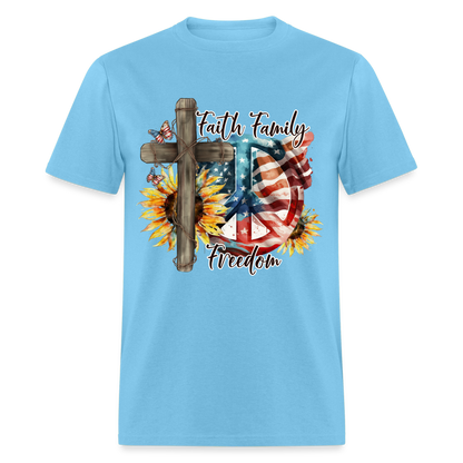 Faith Family Freedom T-Shirt Color: aquatic blue