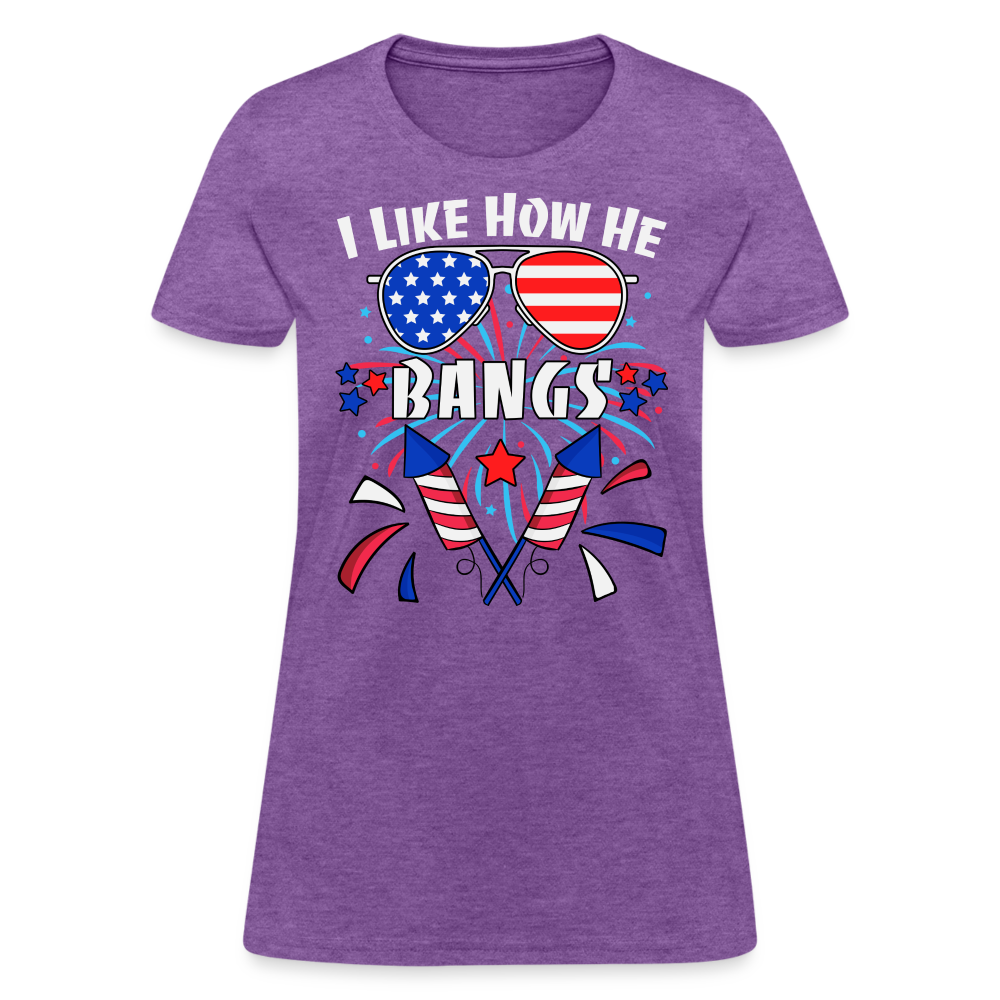 I Like How He Bangs T-Shirt (Fireworks) Color: purple heather