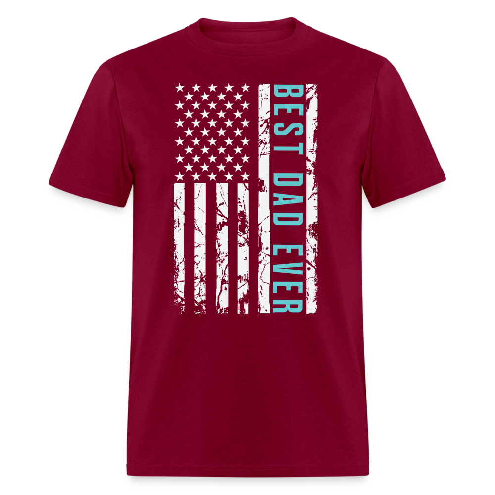 Best Dad Ever T-Shirt with Flag and Letters Highlighted Color: burgundy