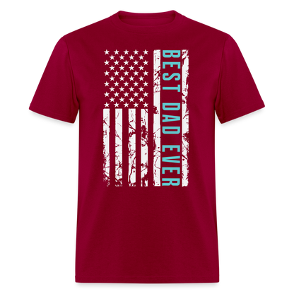Best Dad Ever T-Shirt with Flag and Letters Highlighted Color: dark red