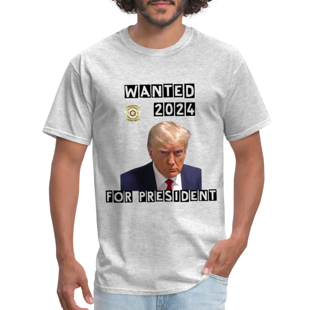 Wanted 2024 For President Trump T-Shirt (Mugshot Image) - heather gray