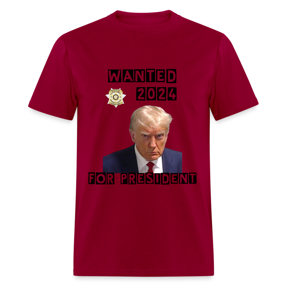 Wanted 2024 For President Trump T-Shirt (Mugshot Image) - dark red