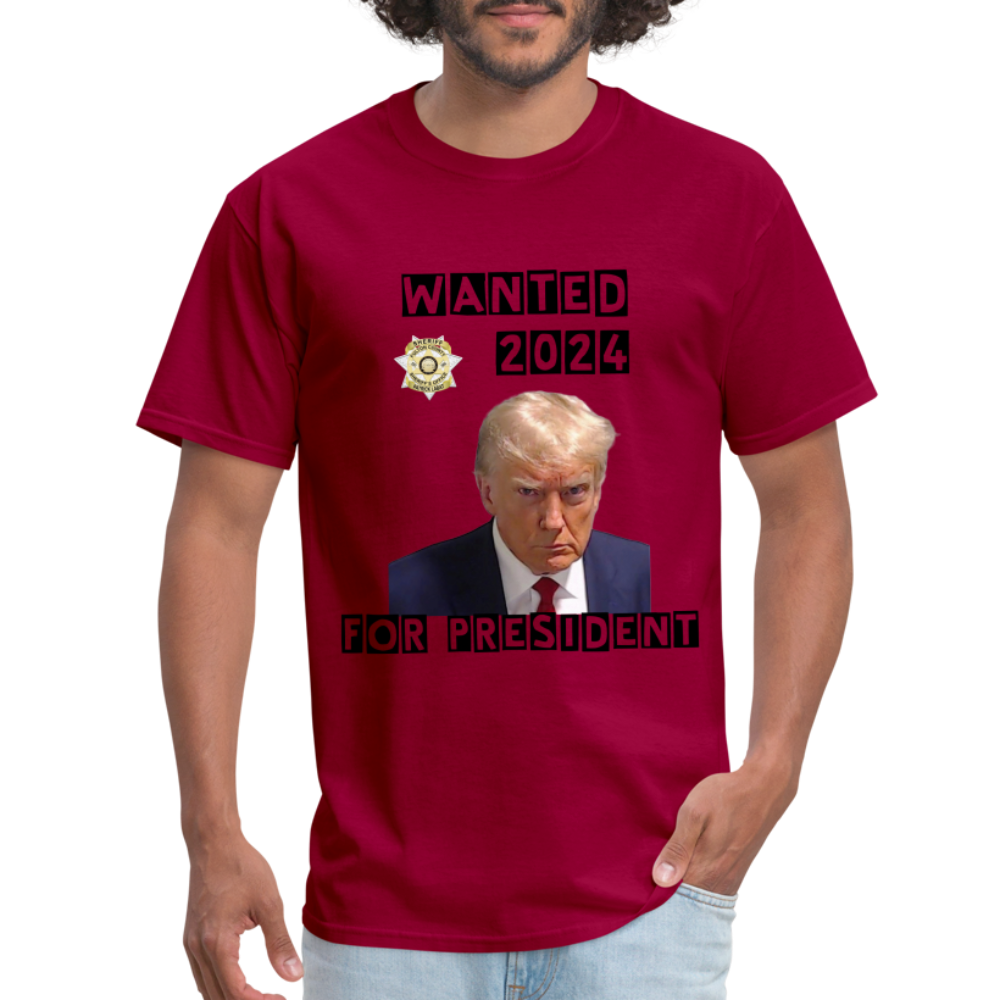 Wanted 2024 For President Trump T-Shirt (Mugshot Image) - dark red