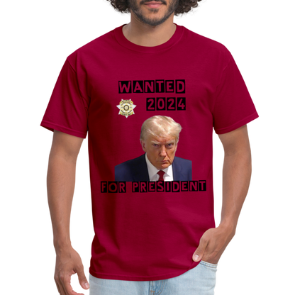 Wanted 2024 For President Trump T-Shirt (Mugshot Image) - dark red