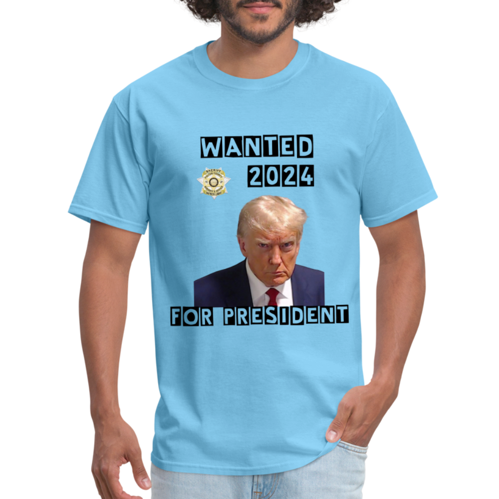 Wanted 2024 For President Trump T-Shirt (Mugshot Image) - aquatic blue