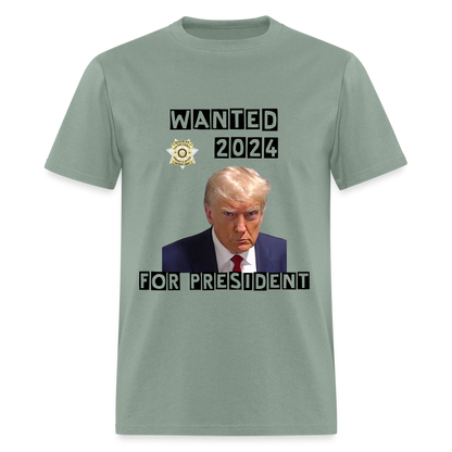 Wanted 2024 For President Trump T-Shirt (Mugshot Image) - sage