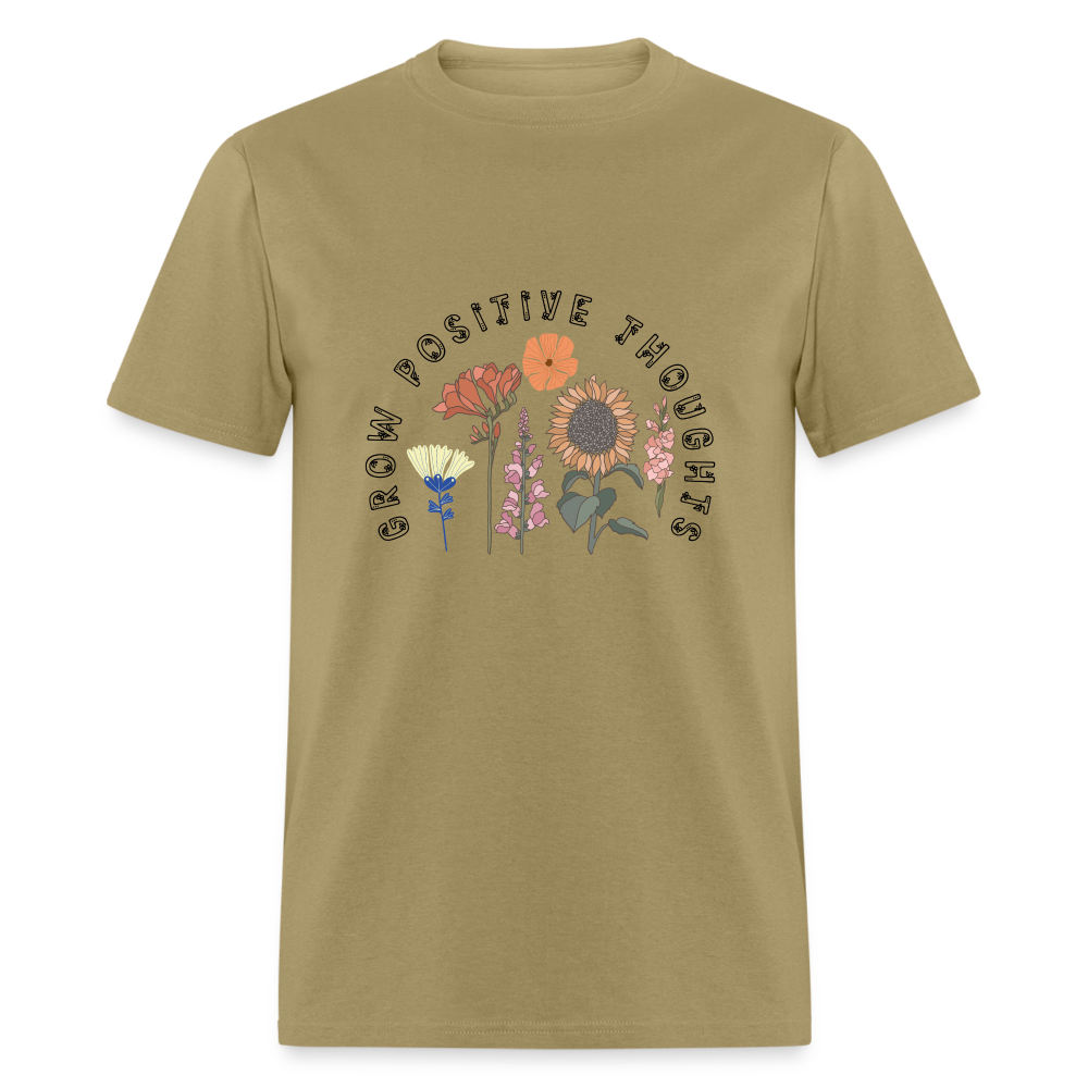 Grow Positive Thoughts T-Shirt - (Floral Design Pattern) - khaki