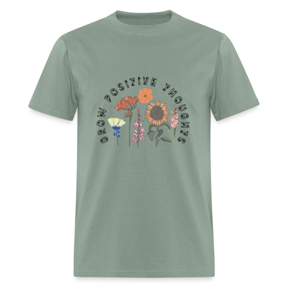 Grow Positive Thoughts T-Shirt - (Floral Design Pattern) - sage