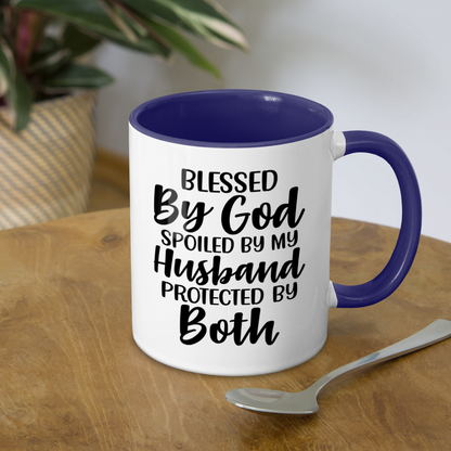 Blessed By God Spoiled By My Husband Protected By Both Coffee Mug - white/cobalt blue