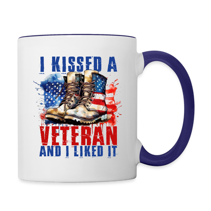 I Kissed A Veteran And I Liked It Coffee Mug - white/cobalt blue