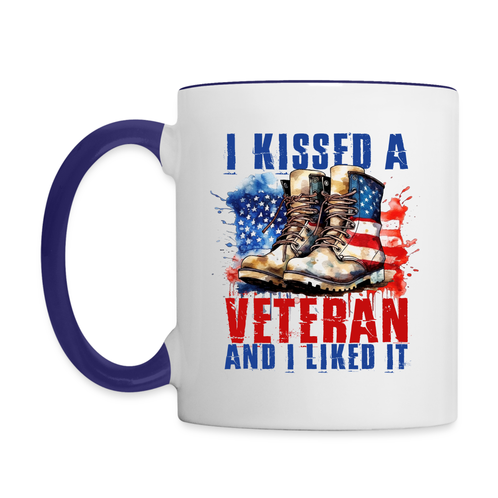 I Kissed A Veteran And I Liked It Coffee Mug - white/cobalt blue