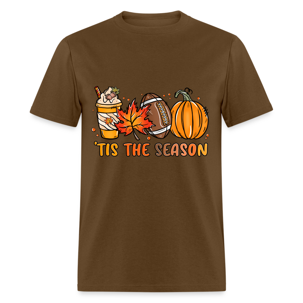 Tis The Season T-Shirt (Fall, Football, Pumpkins) - brown