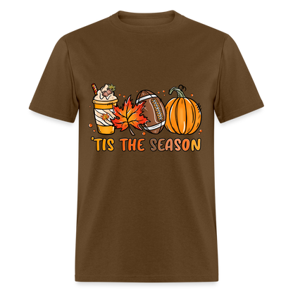 Tis The Season T-Shirt (Fall, Football, Pumpkins) - brown