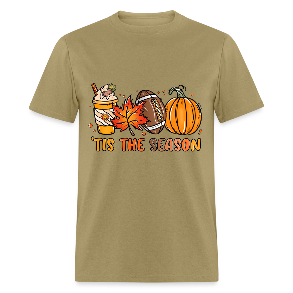 Tis The Season T-Shirt (Fall, Football, Pumpkins) - khaki