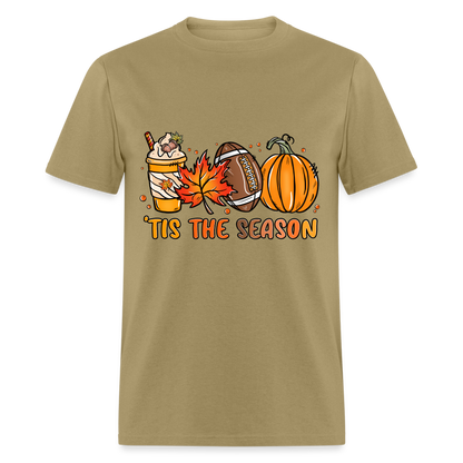 Tis The Season T-Shirt (Fall, Football, Pumpkins) - khaki