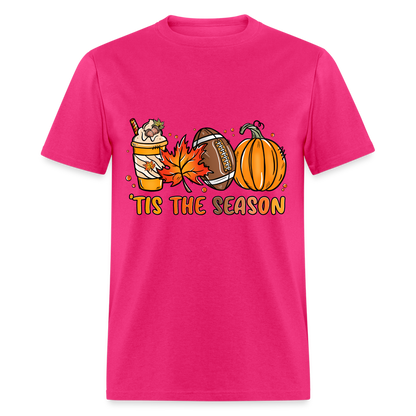 Tis The Season T-Shirt (Fall, Football, Pumpkins) - fuchsia