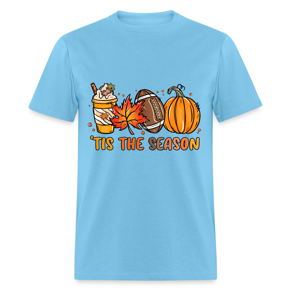 Tis The Season T-Shirt (Fall, Football, Pumpkins) - aquatic blue