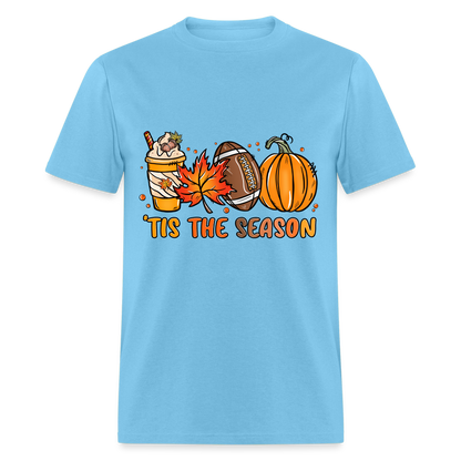 Tis The Season T-Shirt (Fall, Football, Pumpkins) - aquatic blue
