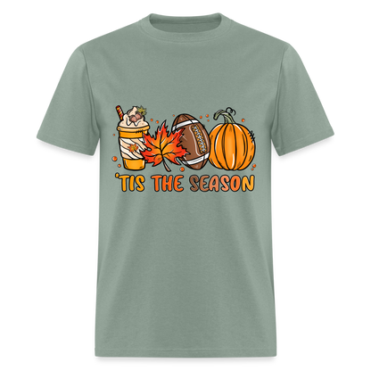 Tis The Season T-Shirt (Fall, Football, Pumpkins) - sage