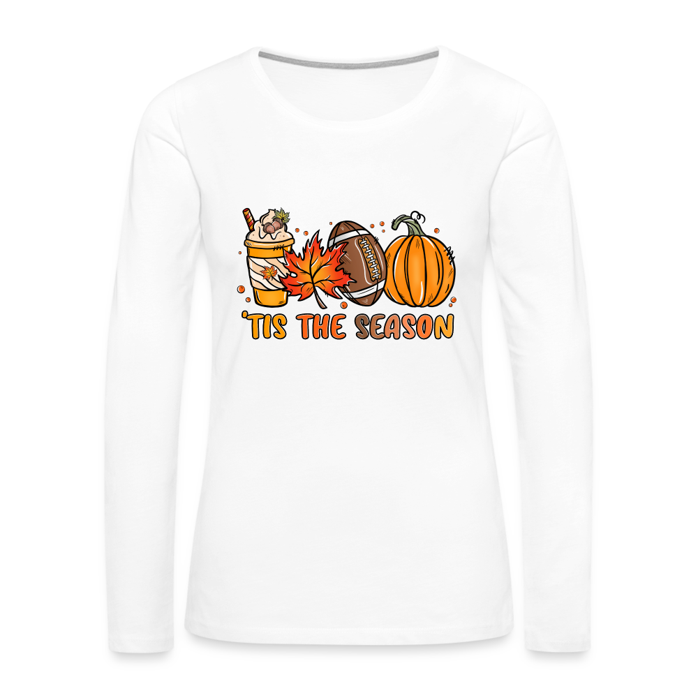 Tis The Season Women's Premium Long Sleeve T-Shirt (Fall, Pumpkins & Football) - white