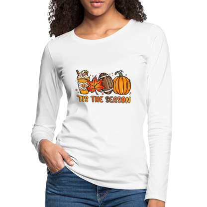 Tis The Season Women's Premium Long Sleeve T-Shirt (Fall, Pumpkins & Football) - white