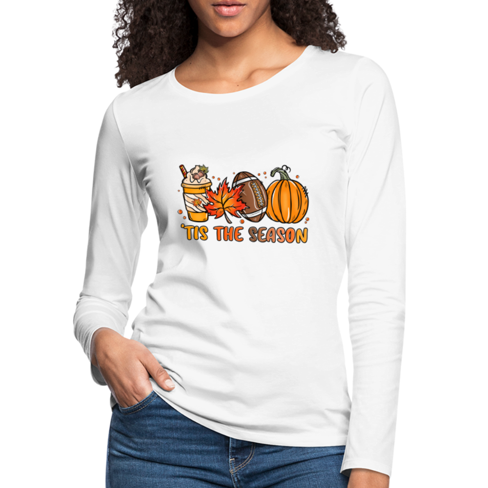 Tis The Season Women's Premium Long Sleeve T-Shirt (Fall, Pumpkins & Football) - white