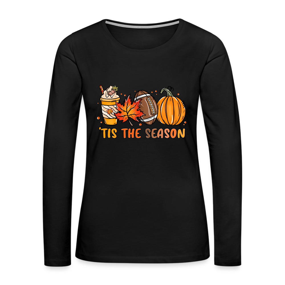 Tis The Season Women's Premium Long Sleeve T-Shirt (Fall, Pumpkins & Football) - black