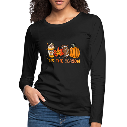 Tis The Season Women's Premium Long Sleeve T-Shirt (Fall, Pumpkins & Football) - black