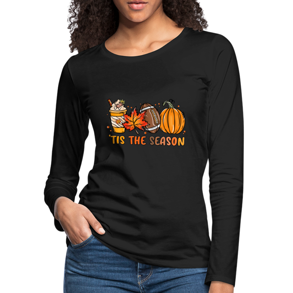 Tis The Season Women's Premium Long Sleeve T-Shirt (Fall, Pumpkins & Football) - black