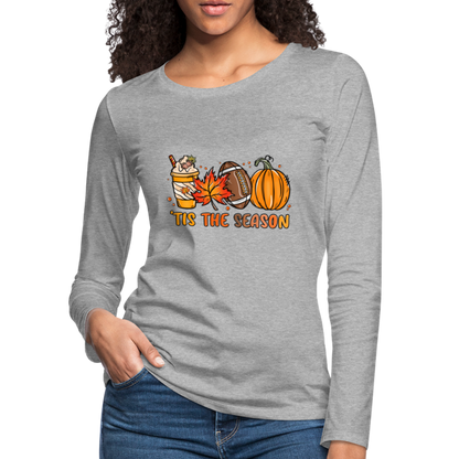 Tis The Season Women's Premium Long Sleeve T-Shirt (Fall, Pumpkins & Football) - heather gray
