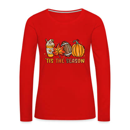 Tis The Season Women's Premium Long Sleeve T-Shirt (Fall, Pumpkins & Football) - red