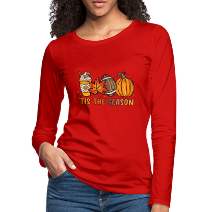 Tis The Season Women's Premium Long Sleeve T-Shirt (Fall, Pumpkins & Football) - red