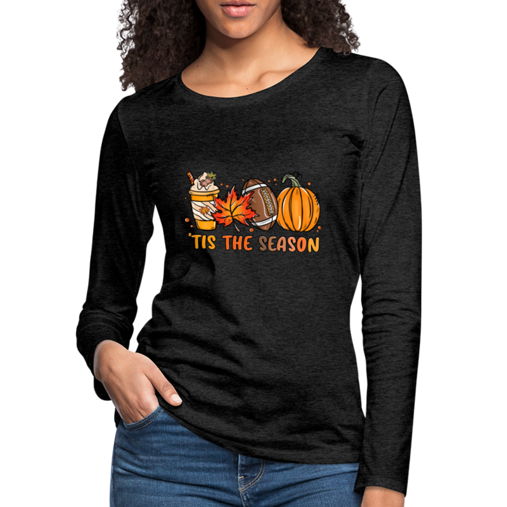 Tis The Season Women's Premium Long Sleeve T-Shirt (Fall, Pumpkins & Football) - charcoal grey