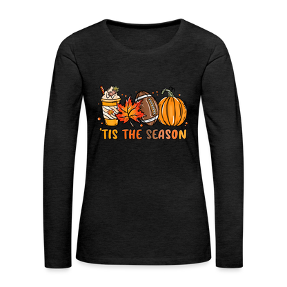 Tis The Season Women's Premium Long Sleeve T-Shirt (Fall, Pumpkins & Football) - charcoal grey