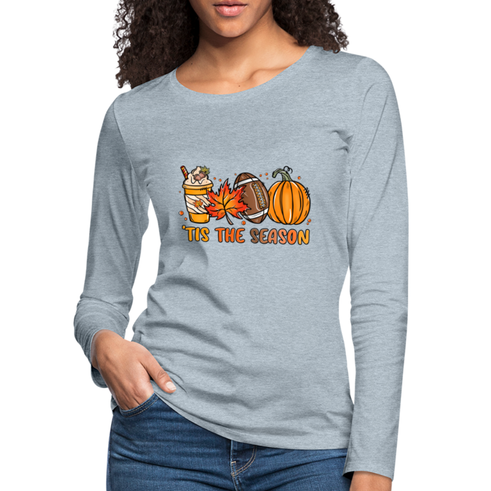 Tis The Season Women's Premium Long Sleeve T-Shirt (Fall, Pumpkins & Football) - heather ice blue