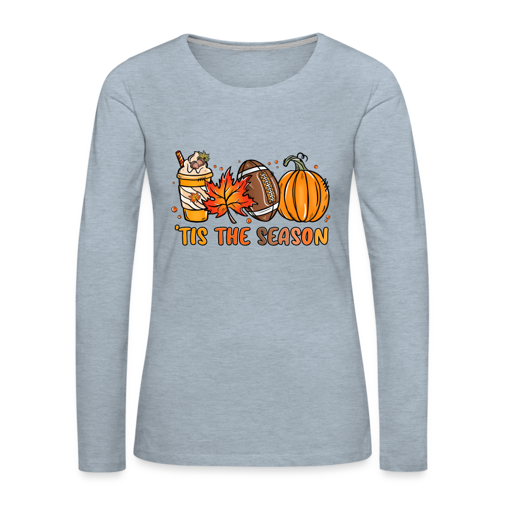 Tis The Season Women's Premium Long Sleeve T-Shirt (Fall, Pumpkins & Football) - heather ice blue