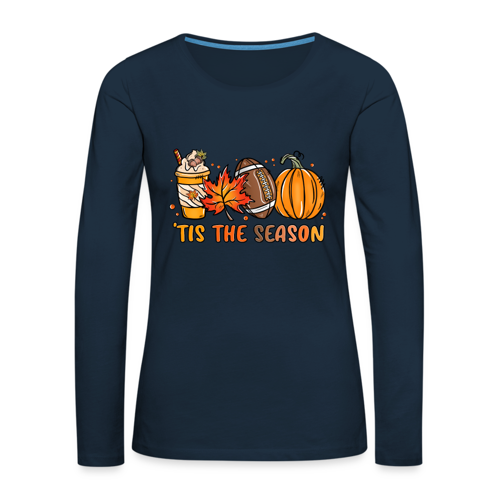 Tis The Season Women's Premium Long Sleeve T-Shirt (Fall, Pumpkins & Football) - deep navy