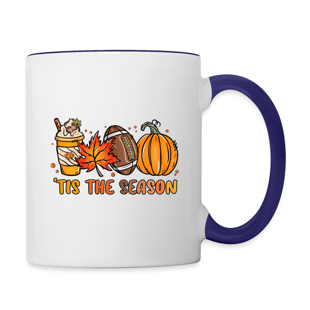 Tis The Season Coffee Mug (Fall/Autumn, Pumpkins & Football) - white/cobalt blue