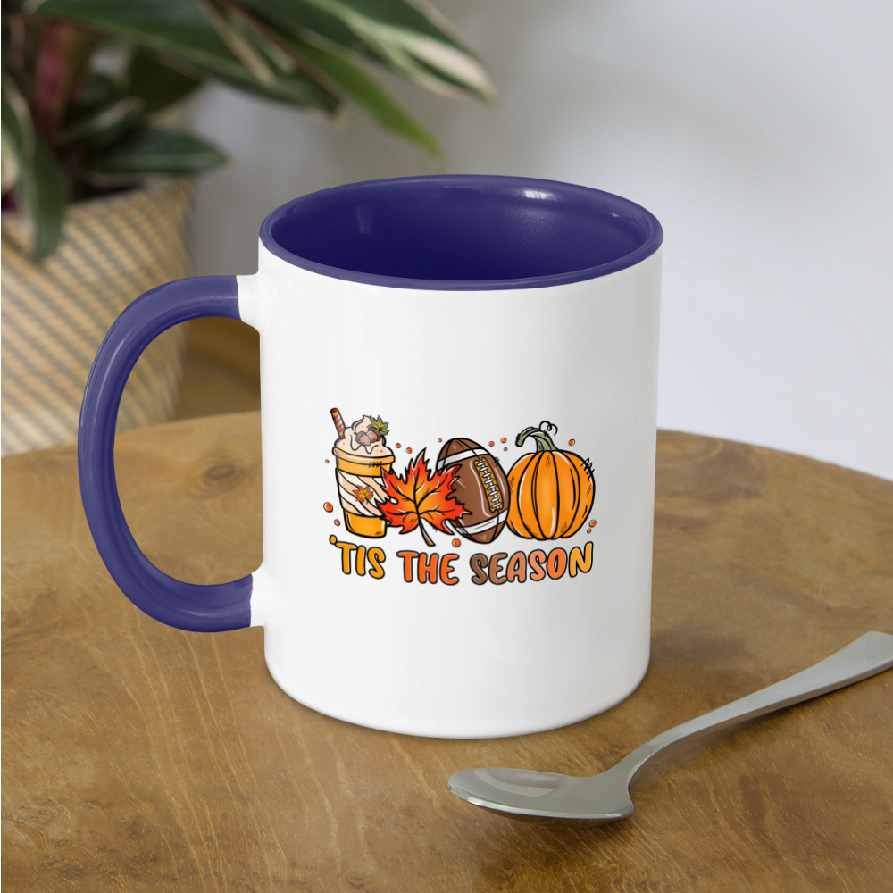 Tis The Season Coffee Mug (Fall/Autumn, Pumpkins & Football) - white/cobalt blue