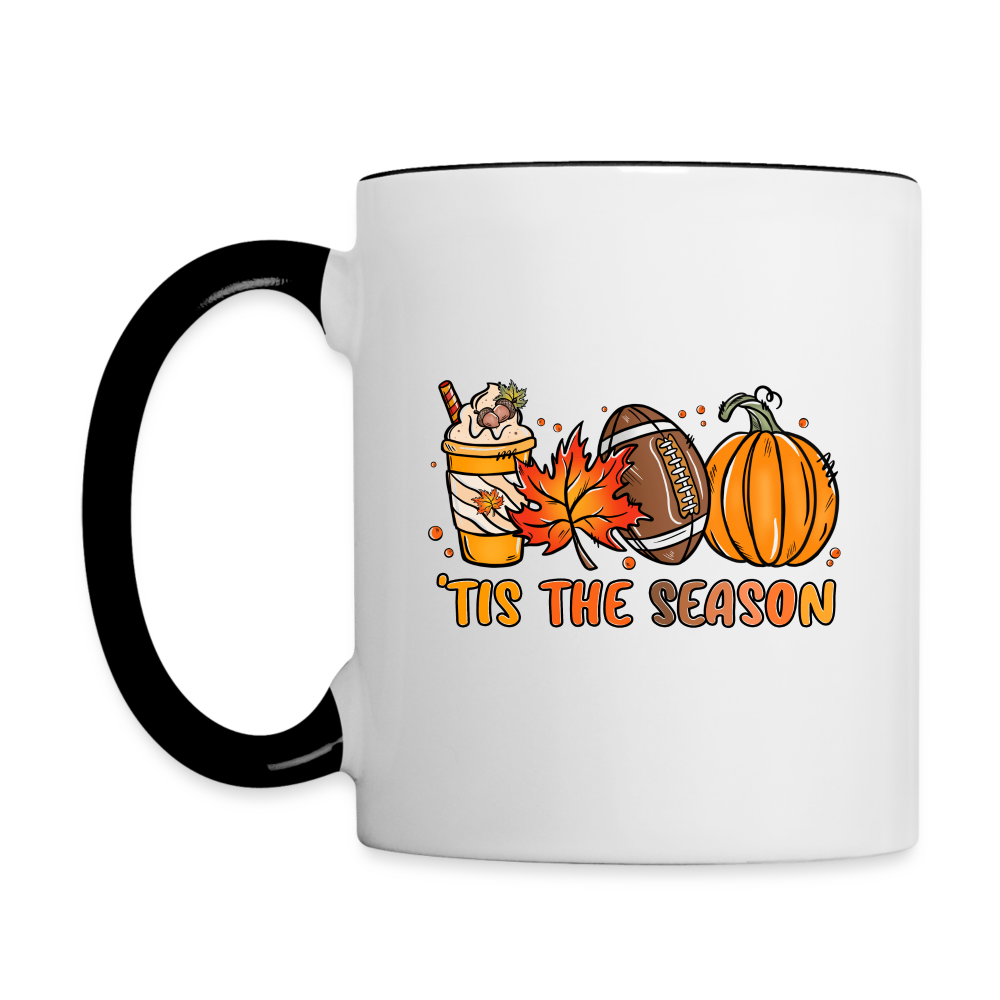 Tis The Season Coffee Mug (Fall/Autumn, Pumpkins & Football) - white/black