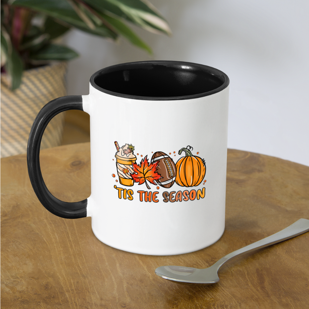 Tis The Season Coffee Mug (Fall/Autumn, Pumpkins & Football) - white/black