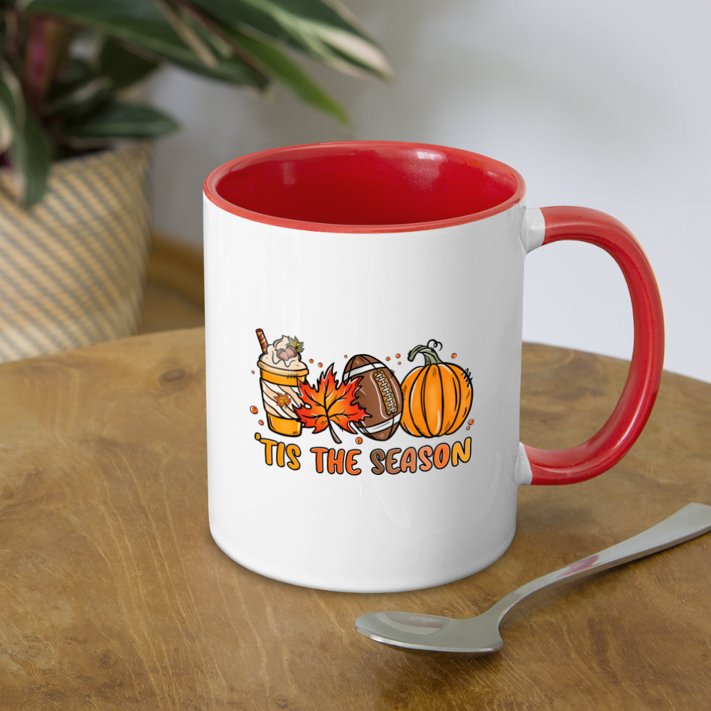 Tis The Season Coffee Mug (Fall/Autumn, Pumpkins & Football) - white/red